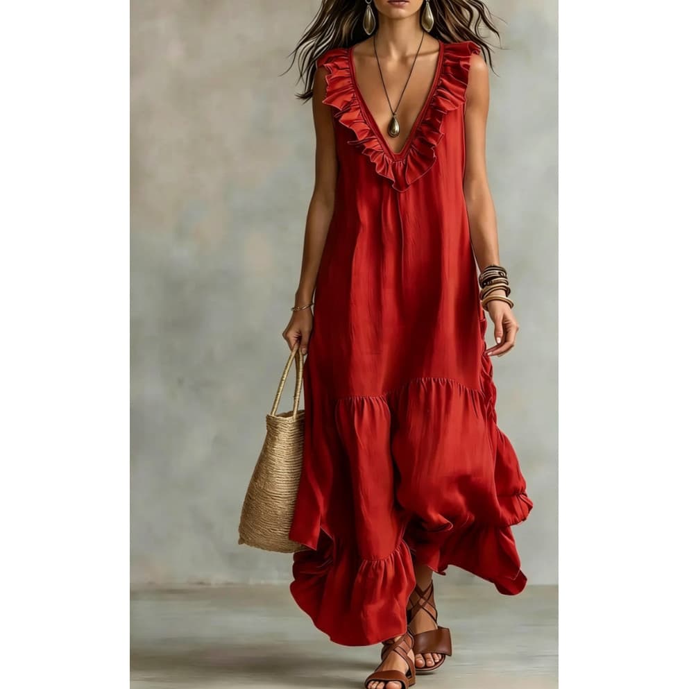 vestido longo Feminino De Cor Sólida Sem Mangas , Saia Longa De Algodão E Linho Com Decote Em V , Grande swing