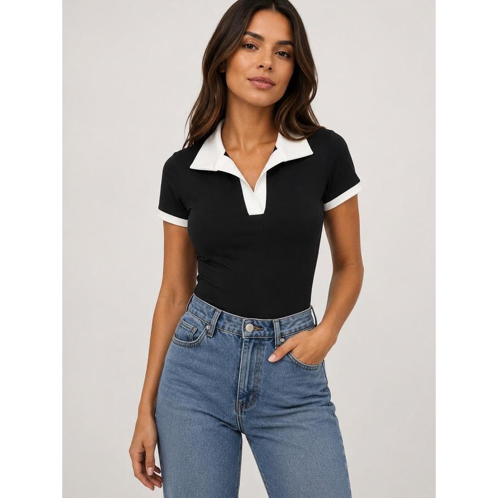 Body Feminino Gola Polo Casual Manga Curta Elegante Básico Premium Ajustado