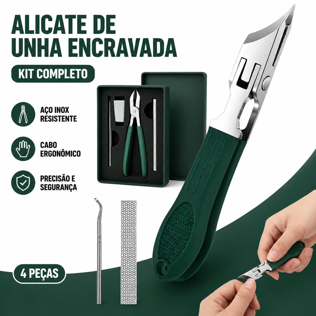 Alicate de Unha Encravada Profissional Kit 4 Peças Aço Inox Removedor de Cutícula Pedicure Unhas dos Pés