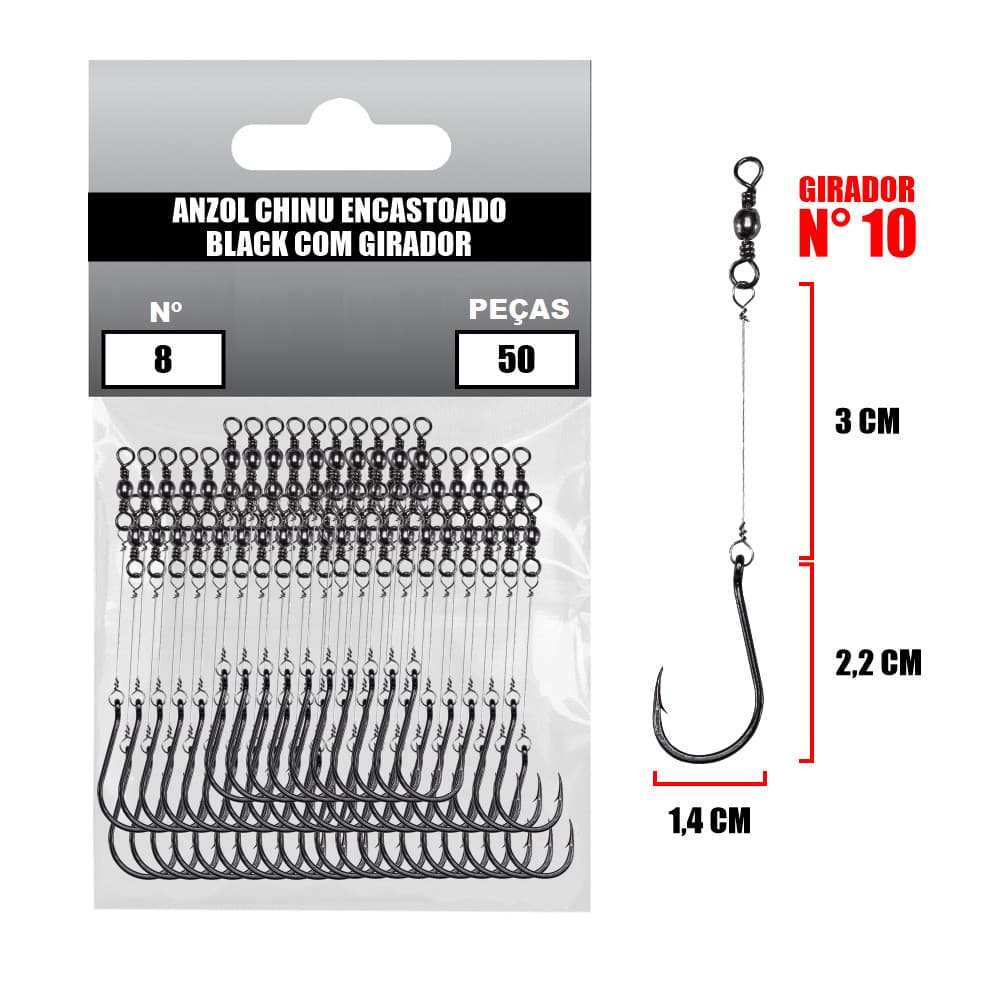 Anzol Chinu Black Encastoado - Com Girador Pacote com 50 un - #8