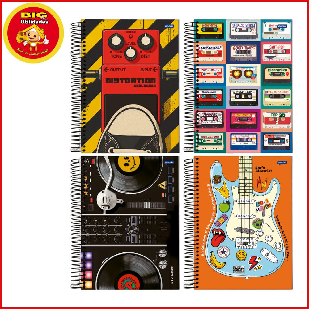 Cadernos Soul Music 10 Matérias Jandaia 160 Folhas Capa Dura Grande Estampas Variadas Luxo