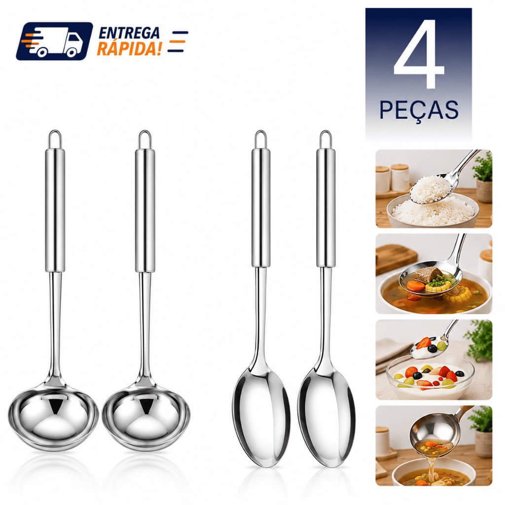 Kit Colher e Concha Aço Inox 32cm 2 ou 4 Peças Utensílios Cozinha Colher de Servir Concha Premium Feijão Arroz Casa