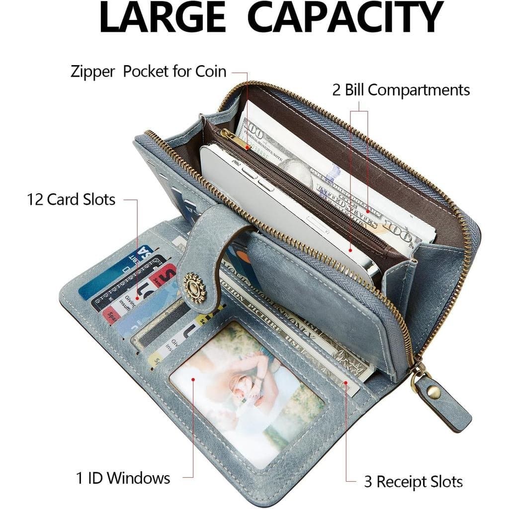 Carteira TFKGS para Mulheres com Bloqueio RFID, Couro, Grande Capacidade, Porta-Cartões, Clutch para Telefone, Bolsa de
