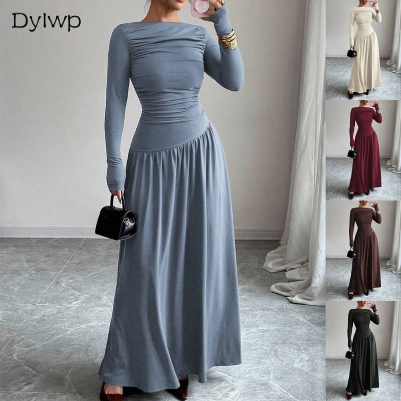 Vestido Maxi Feminino Manga Comprida Franzido Cintura Fluida Elegante Longo Casual