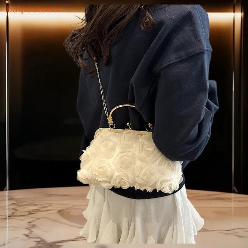 [baipestoner] Bolsa de Festa em Chiffon com Flores 3D, Bolsas de Noite de Luxo e Moda para Mulheres, Clutch com Corrente