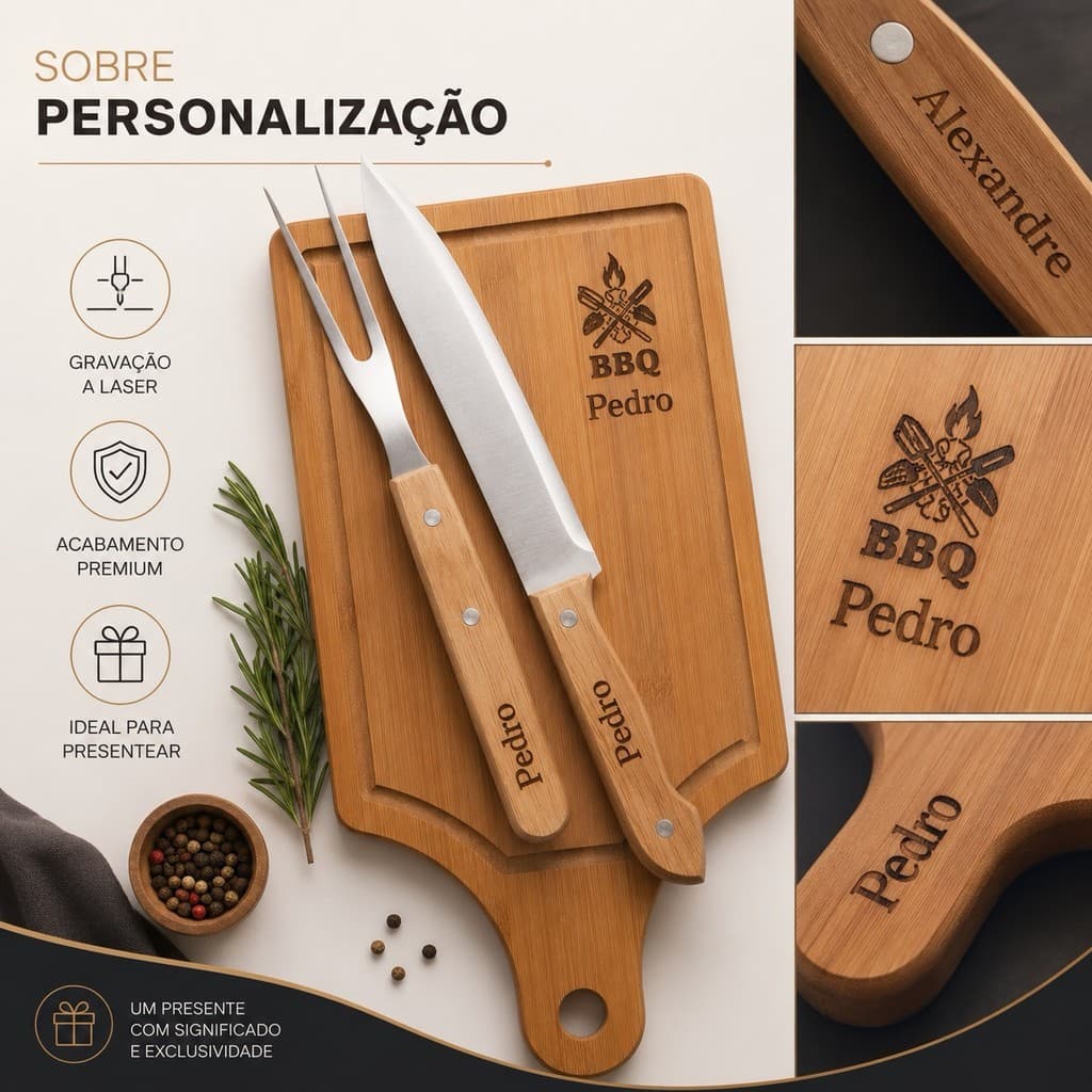 Kit Churrasco Personalizado 3 Peças Tábua de Bambu Faca Garfo com Gravação a Laser Presente
