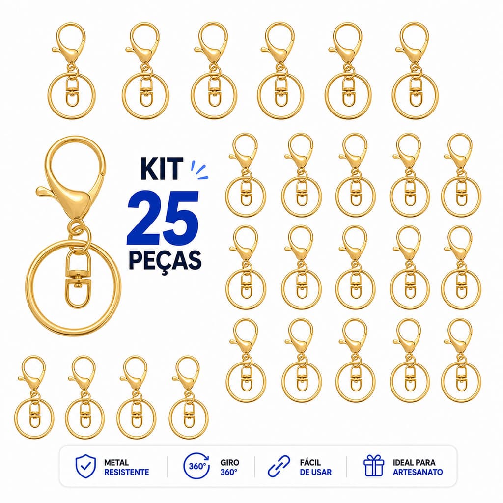 25 peças de Argola de Chaveiro 30MM com mosquetão dourado ou níquel