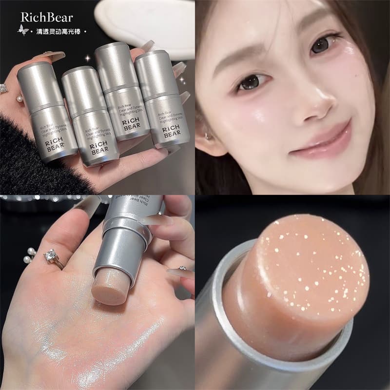 Ricky Bear Highlight Stick, um bastão iluminador para contorno facial, proporciona um acabamento úmido e radiante, adequ