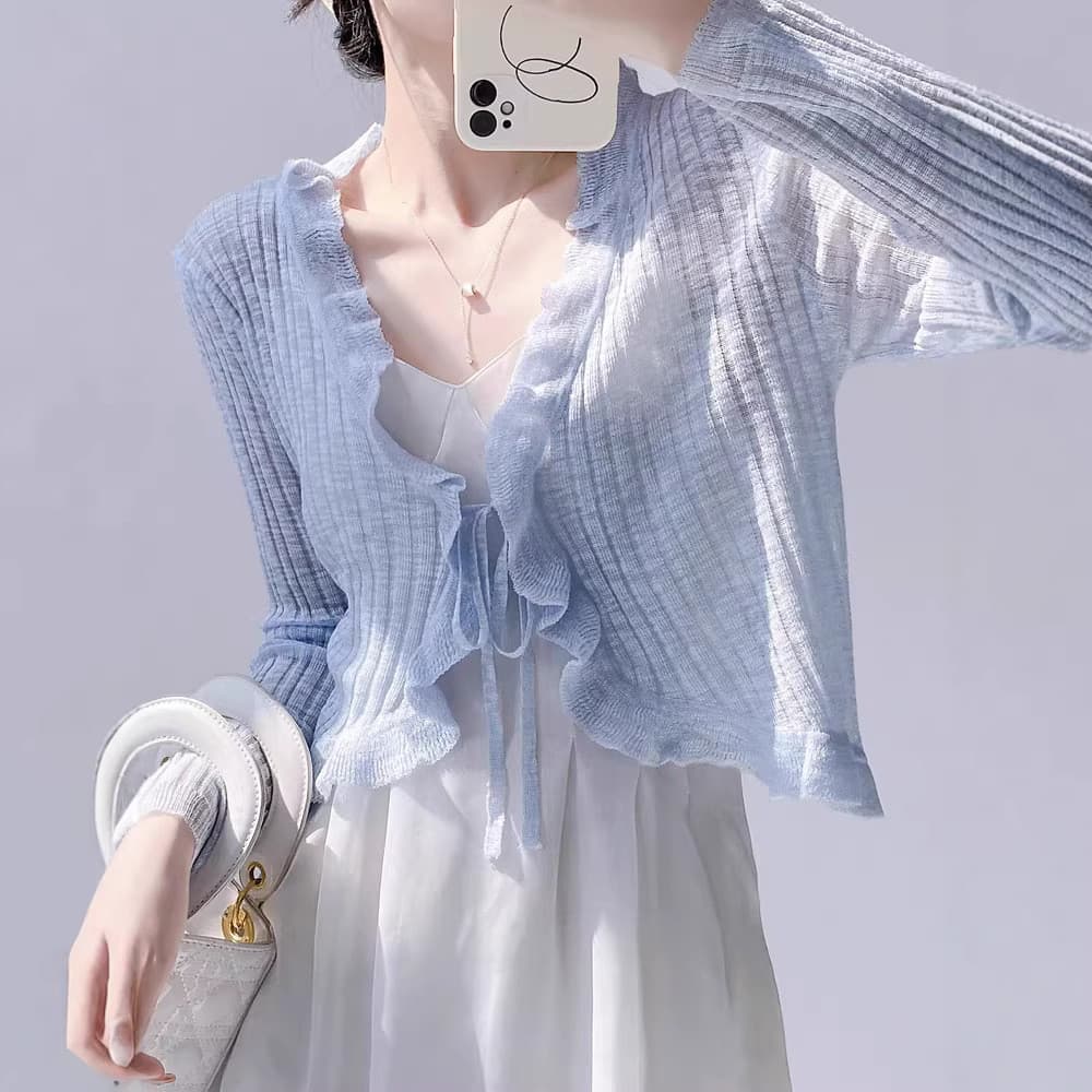 Bambu cânhamo babados malha Cardigan feminino verão estilo fino exterior combinando estilingue saia protetor solar camis