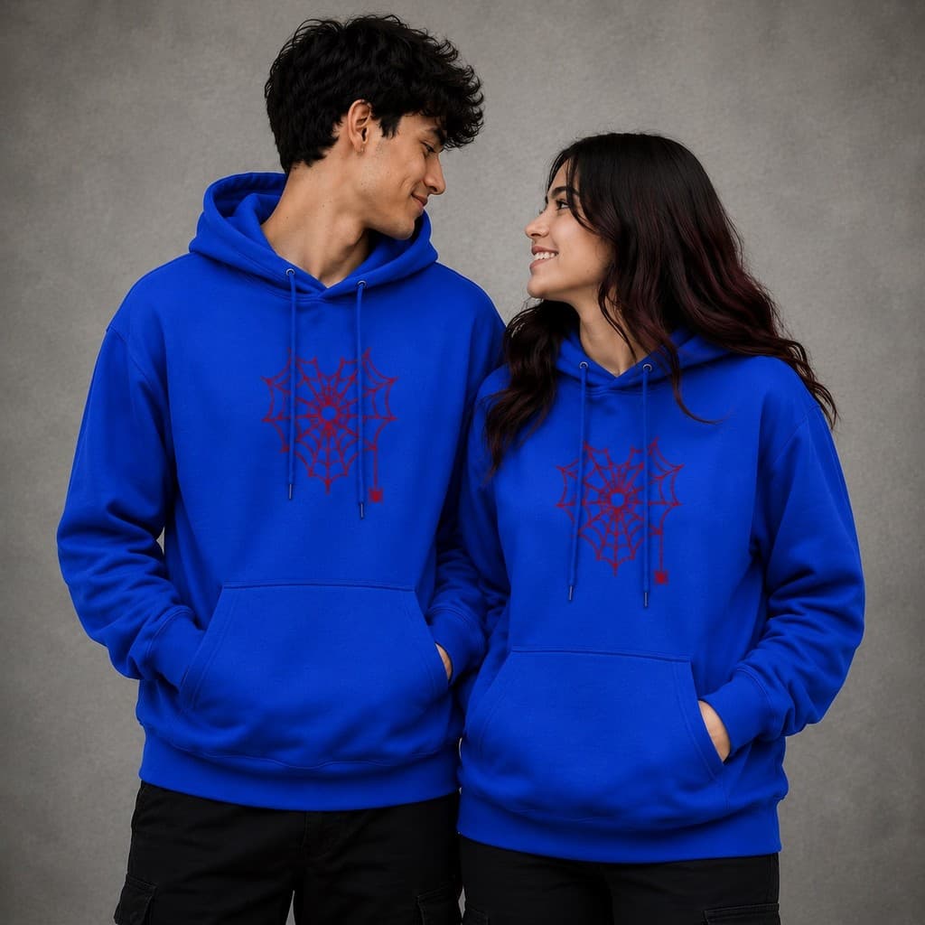 Kit Casal Moletom Streetwear Com Capuz Coração Vermelho Teia de Aranha Unissex Premium