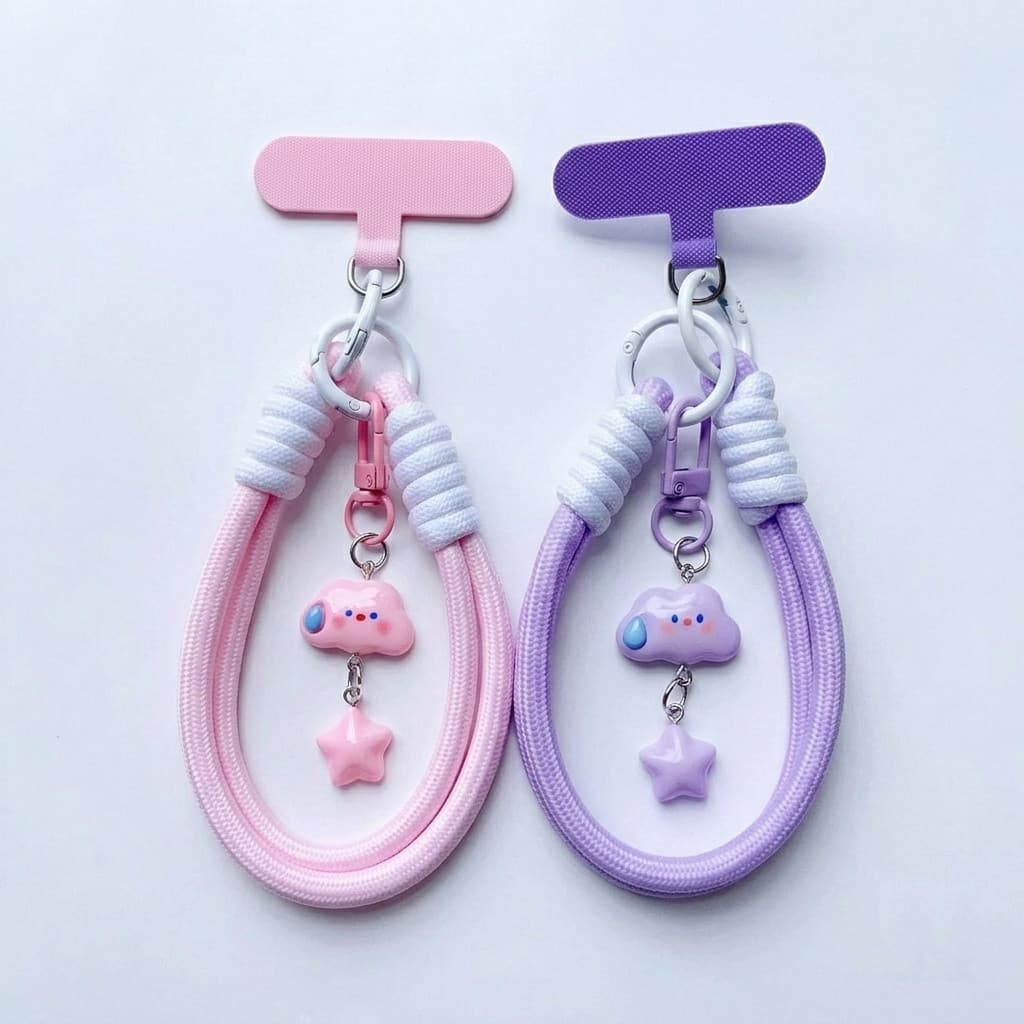 ☁️ Cordão para celular com pingente de nuvem e estrela com Placa Fixação Inclusa, resistente, Chaveiro, anti-perda