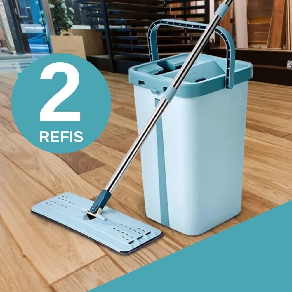 Mop Flat Balde 6L Esfregão Limpeza Giratório 2 Refis Cabo Inox Extensível Piso Casa Lavagem Rápida