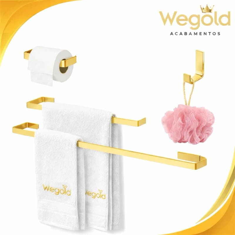 Kit Quadrado Dourado 5 Peças Luxo Para Banheiro Alumínio + Saboneteira Inox