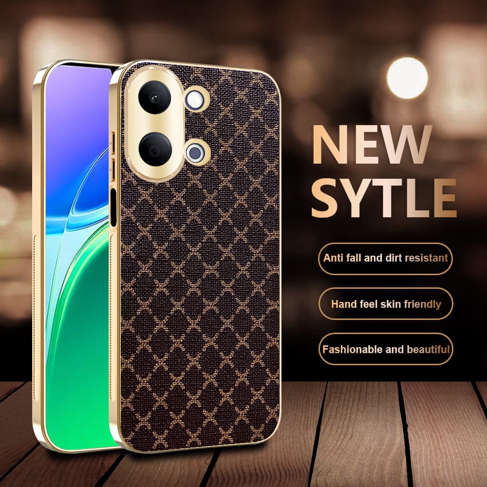 Capa para Vivo Y05 Y21 Y11 Y11d VivoY05 VivoY21 5G, Capa de Telefone de Couro Xadrez Luxuosa com Revestimento Dourado El