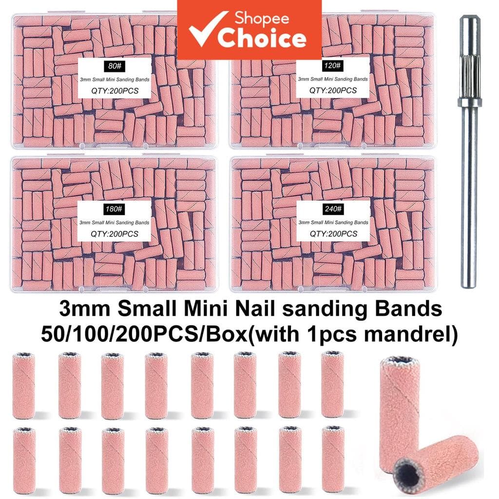 Kit com 50/100/200 unidades de faixas de lixa para unhas com 1 mandril mini 3 mm, 80/120/180/240 grãos; brocas de