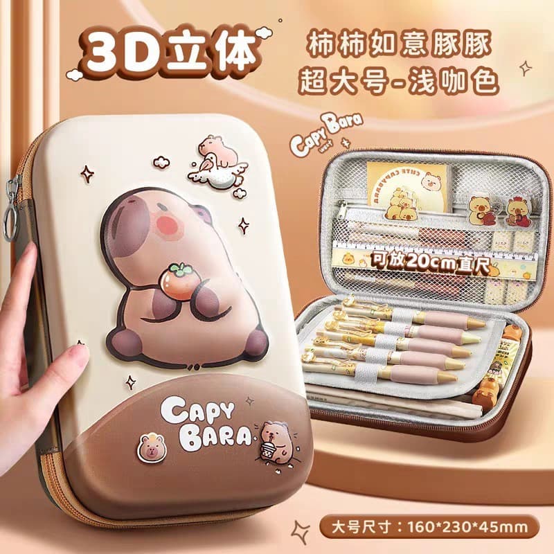 Estojo Escolar Infantil 3d Capivara 3 Divisórias Grande E Pequeno