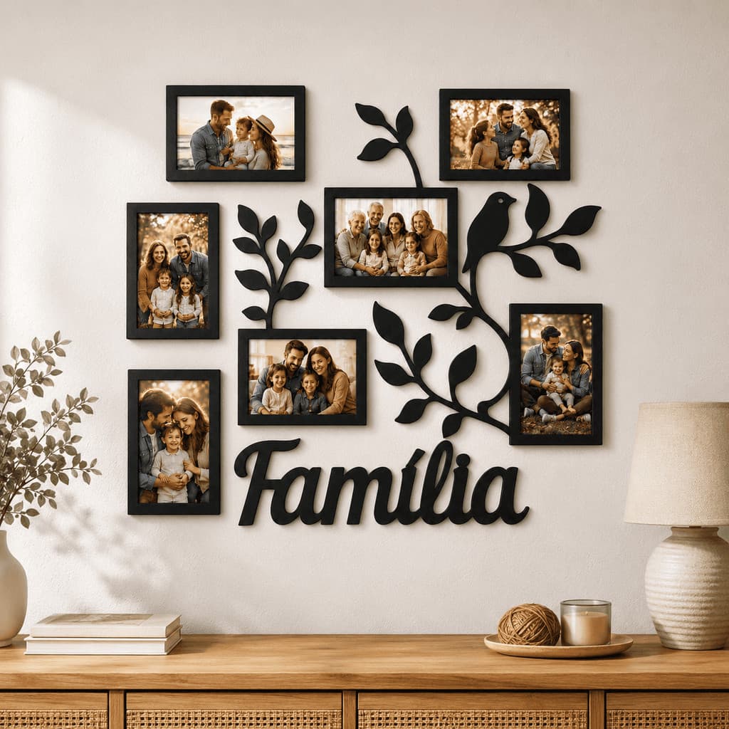 Porta Retrato Família de Parede 7 Fotos 10x15 em MDF Árvore com Galhos Pássaros Decoração 50x45cm