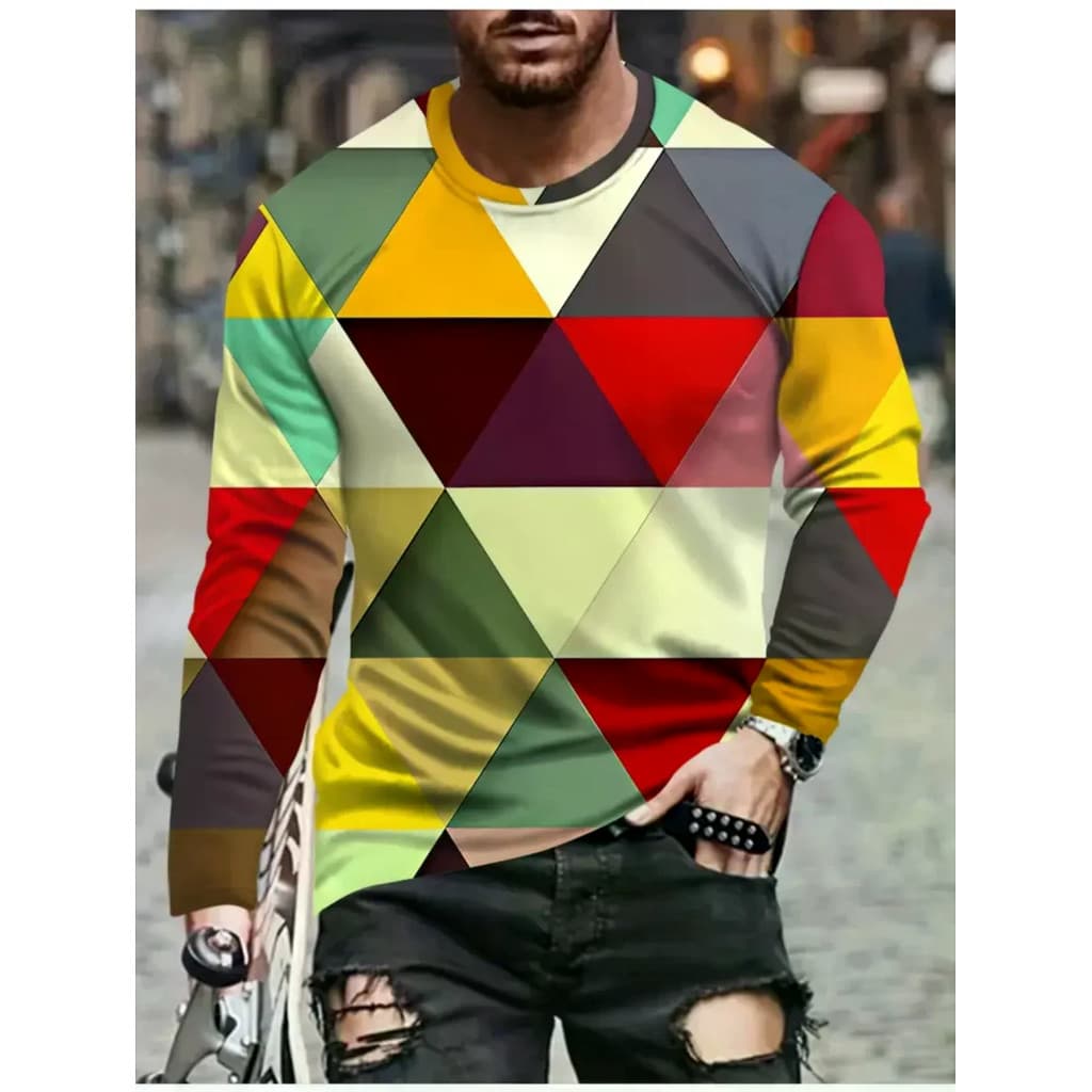 Camisetas Para Homem Bloco Geométrico Impressão 3D Outono Manga Longa Camiseta Pulôver Casual Masculino Topos Rua Leve R