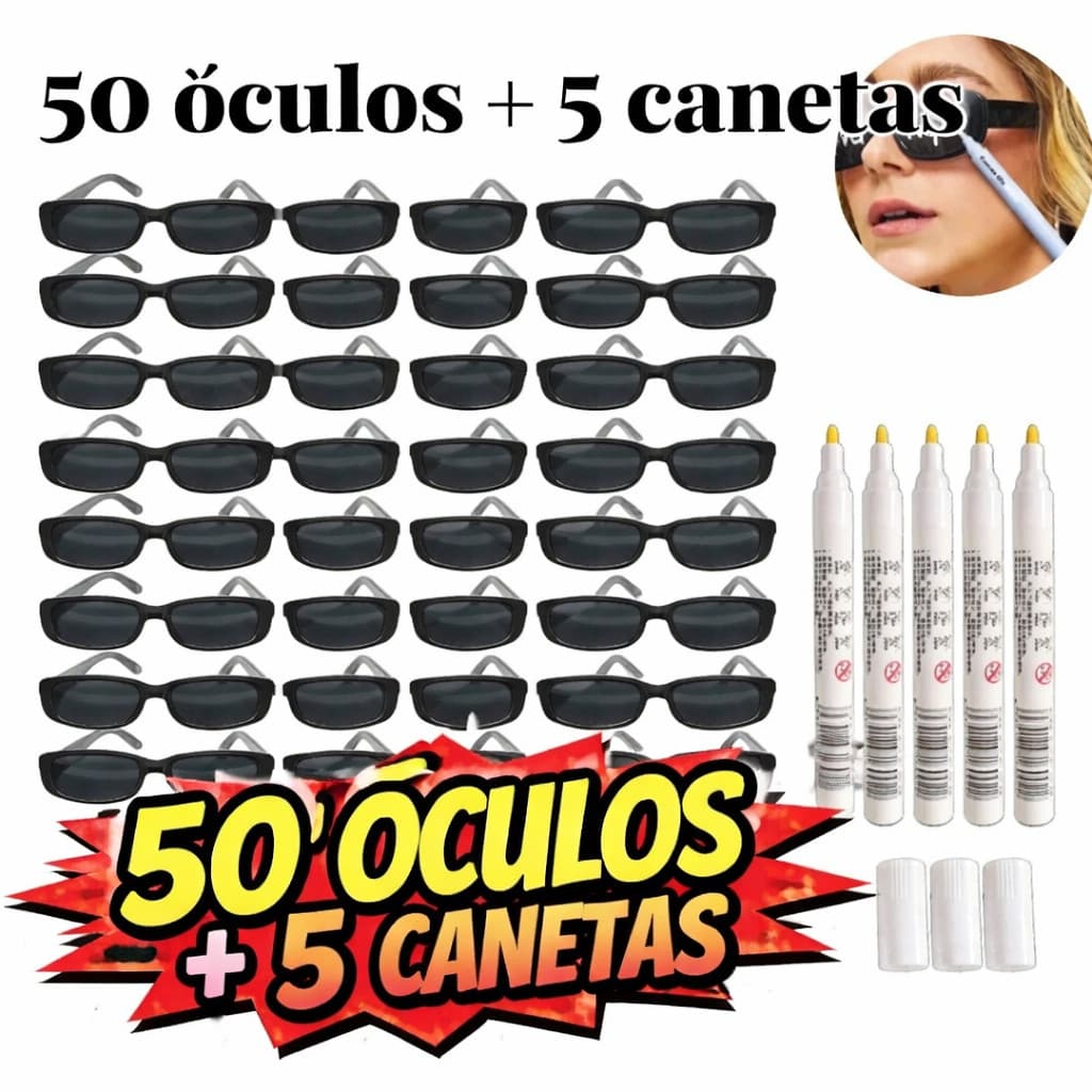 Kit 50 Oculos + 5 Canetas Oculos Vintage Retro Preto Liso + Caneta Giz Festa Casamento Preço de atacado