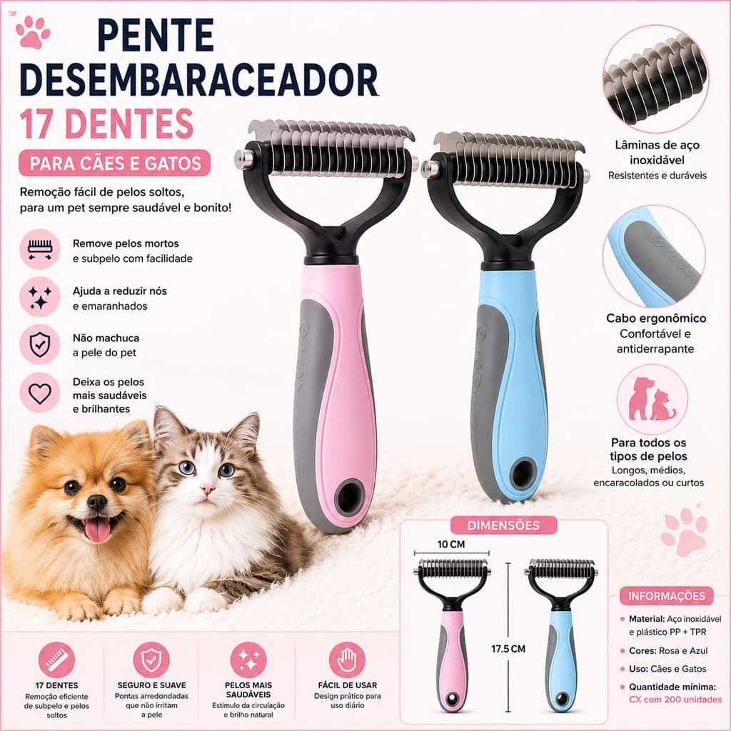 Pente Desembaraçador 17 Dentes para Cães e Gatos – Removedor de Subpelos Profissional
