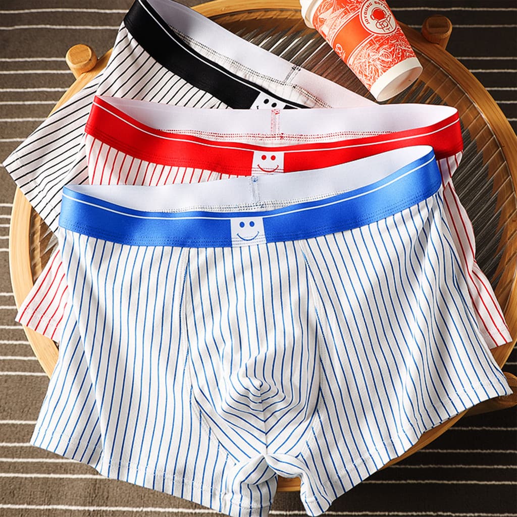 Pacote com 2 cuecas boxer masculinas de algodão puro, respiráveis, listradas, com estampa de rosto sorridente, fofas e m