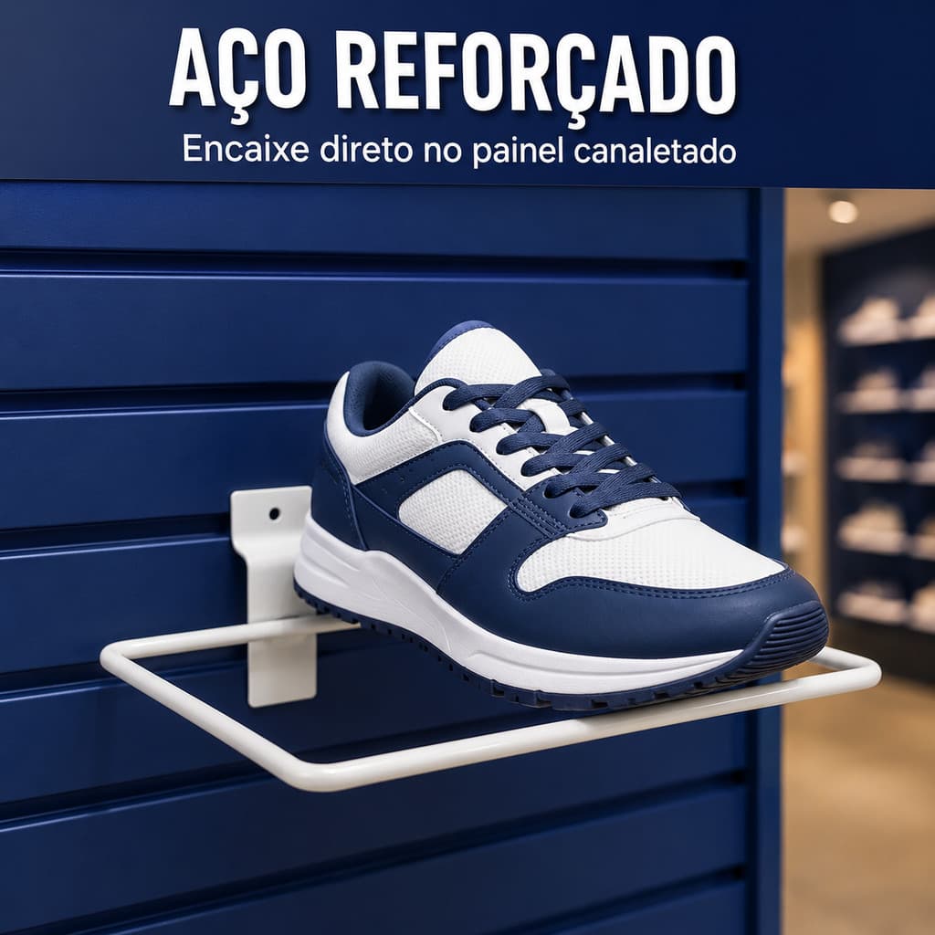 Kit Expositor de Calçados Aço Suporte Sapato Tênis Painel Canaletado Loja Comércio Alta Qualidade