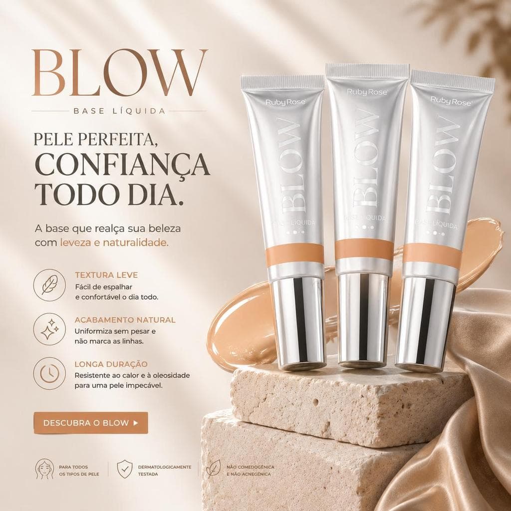 Oh My Skin! Base Líquida Blow Cobertura Média Textura Leve Pele Natural Maquiagem  Acabamento Glow Confortável Radiante