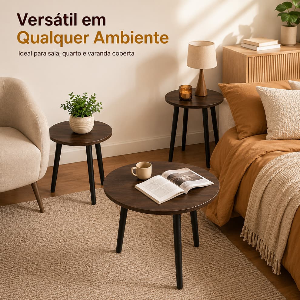 Conjunto Três Mesas De Apoio Nestáveis Redondas, Estrutura Compacta, Ideal Para Sala, Quarto E Cantinho De Leitura