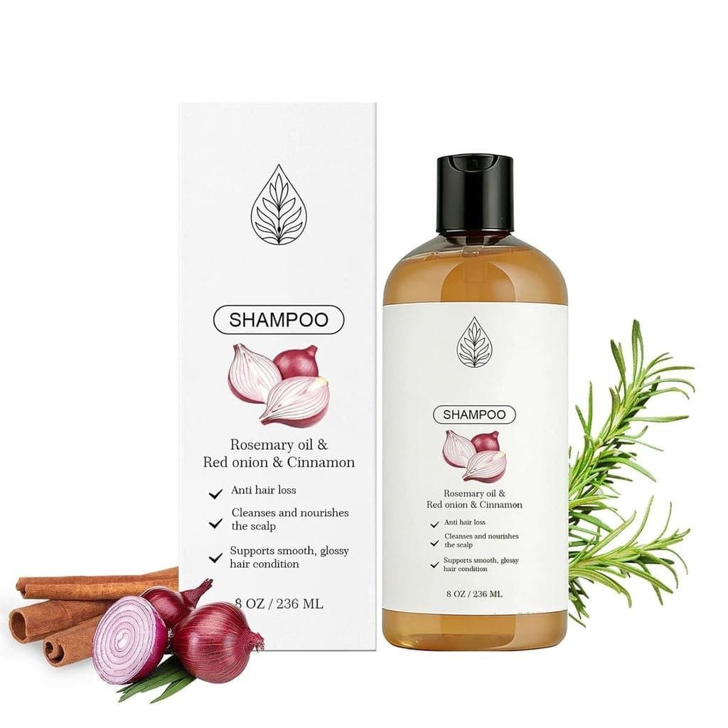 Shampoo - Contém óleo de alecrim, extrato de cebola roxa e canela, com uma fórmula espessante e fortificante que previne