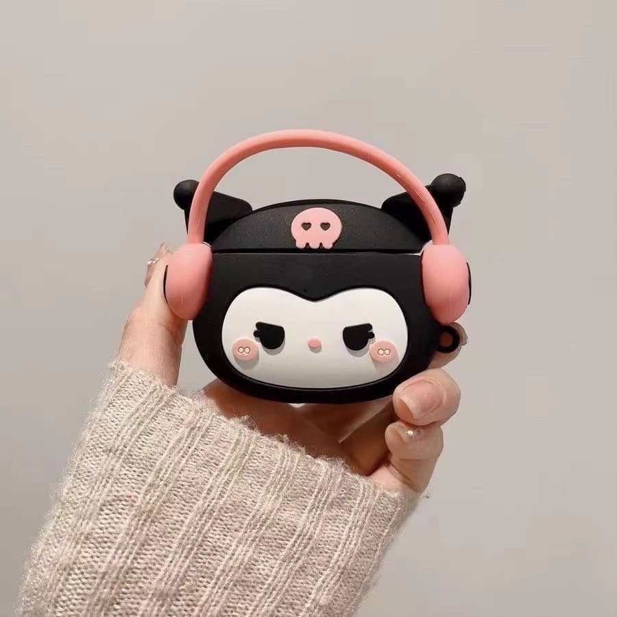 Conjunto de Fones de Ouvido Bluetooth Sem Fio Kuromi Cartoon para AirPods 1/2/3 Pro/Pro2/AirPods4, Acompanha Estojo Prot