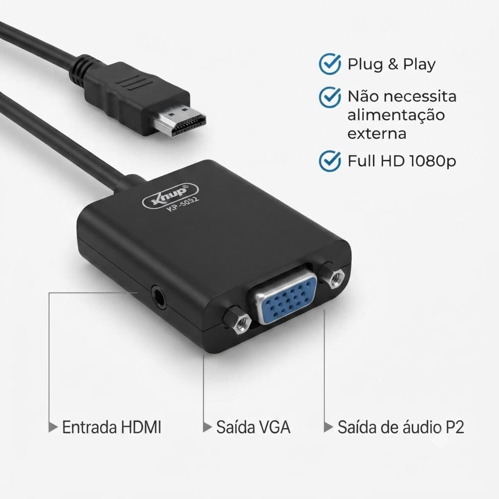 Conversor HDMI Para VGA Com Áudio P2 Full HD 1080P Adaptador HDMI Monitor Projetor Notebook TV Box Knup KP5032