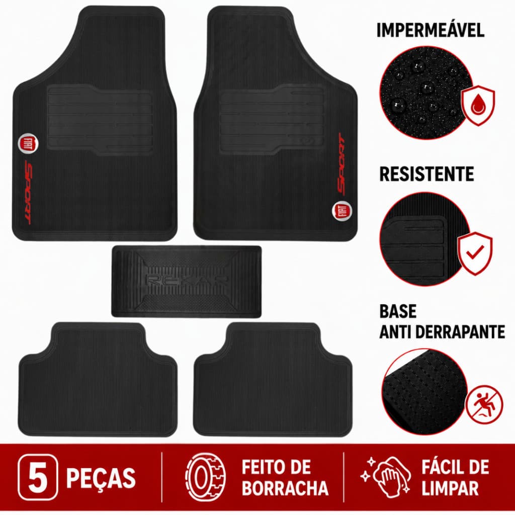 Kit Tapete Automotivo Fiat 5 Peças Antiderrapante Uno Strada Toro Argo Mobi Palio Pulse Cronos