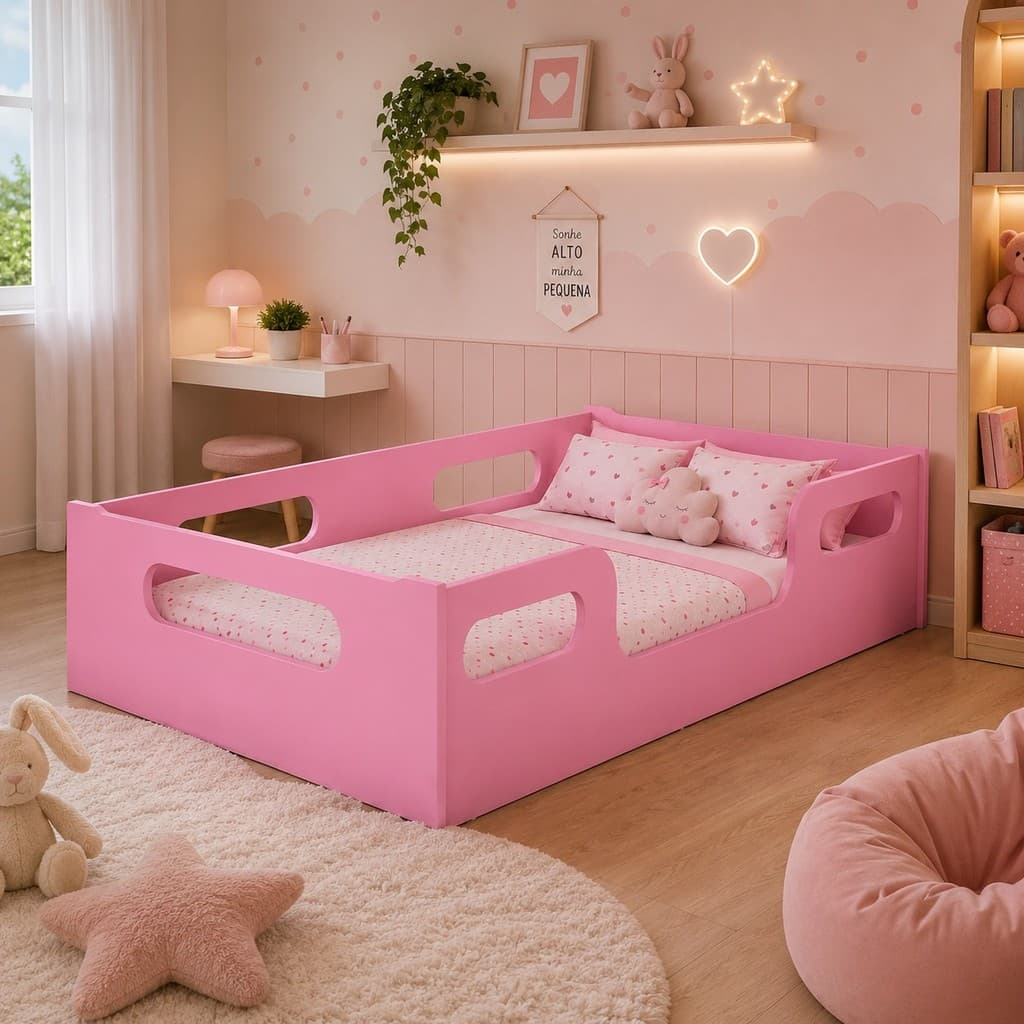 Cama Encanto Sem Colchão Montessoriana Infantil Segura Grade Proteção Quarto Da Criança Juvenil Moderna Resistente