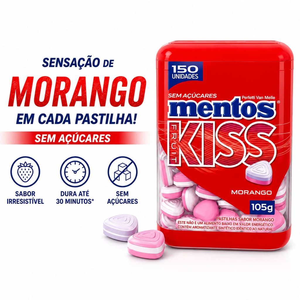 Pastilhas Mentos Kiss Fruit Sabor Morango Sem Açúcar 105g - Pote Com 150 unidades
