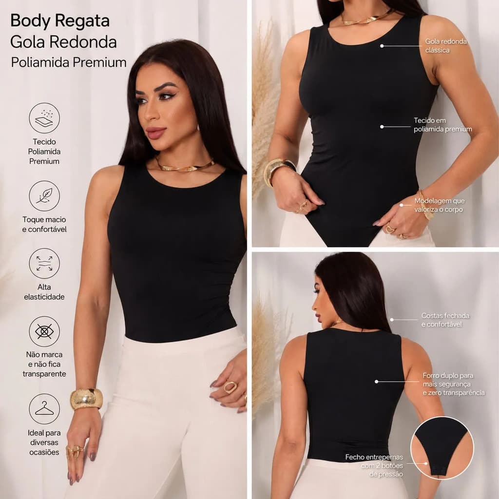Body Feminino Regata Poliamida Gola Redonda Premium com Forro no Seio