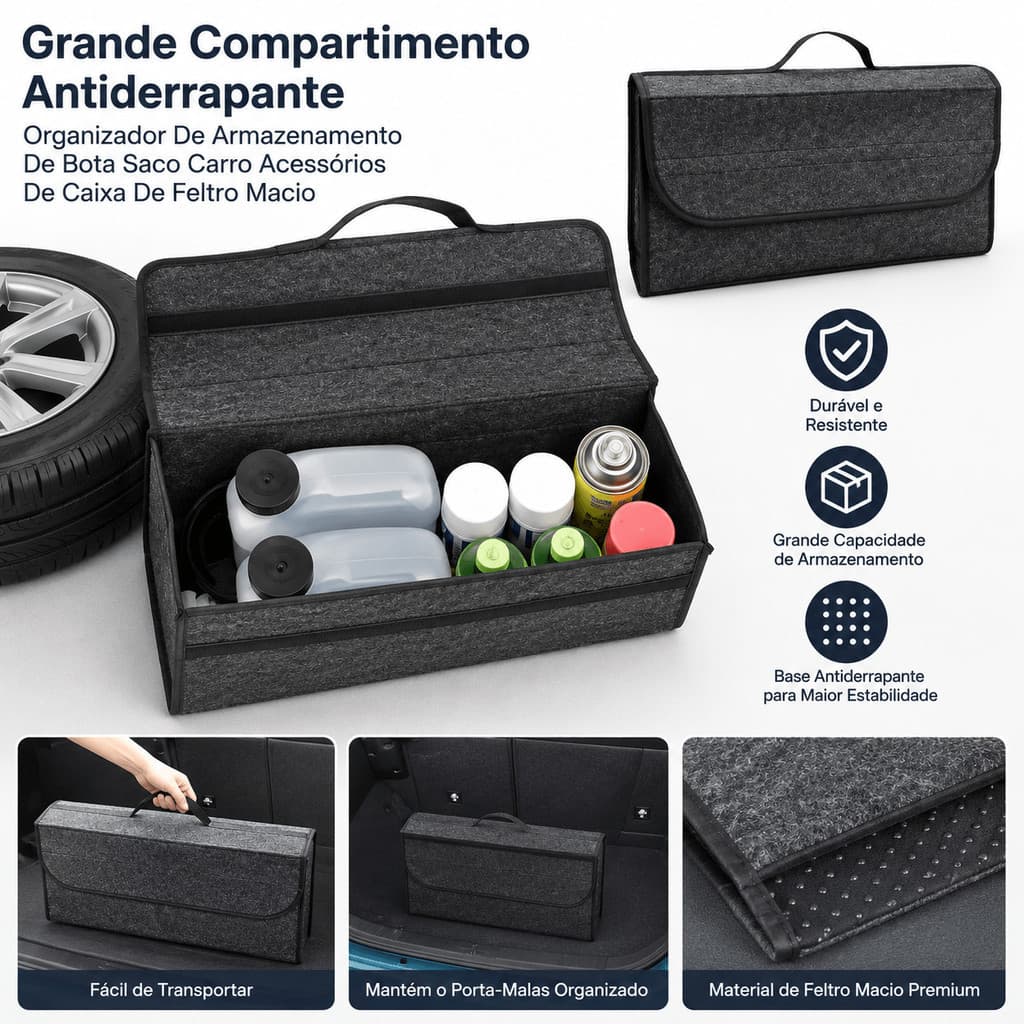 Bolsa Organizadora de Ferramentas Feltro Para Porta Malas Carro Alta Capacidade Dobrável com Alça