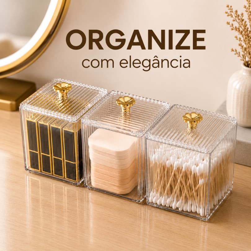 Porta Algodão e Cotonete Acrílico Premium com Tampa Dourada Organizador Banheiro Penteadeira Multiuso
