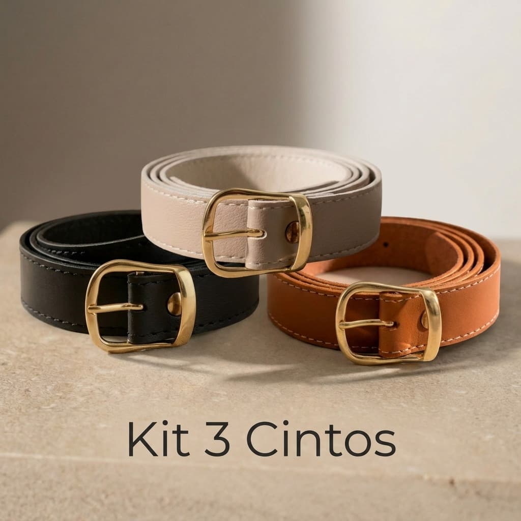 Kit 3 Cintos Feminino Casual com Fivela Dourada