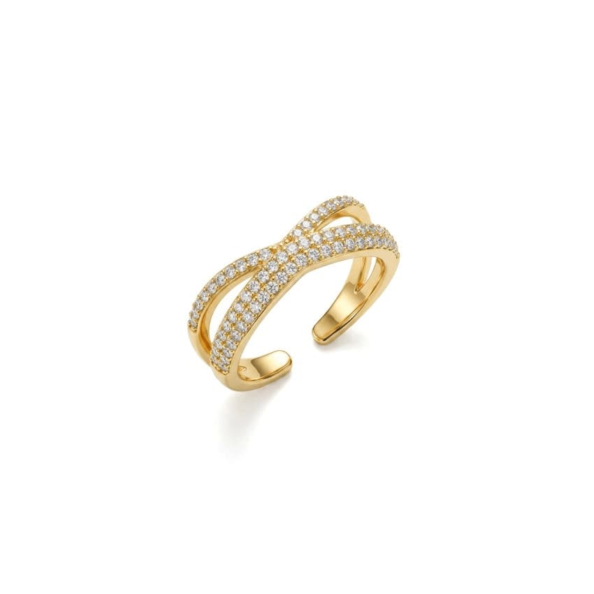 Anel X Cravejado Ajustável Banho Ouro 18K