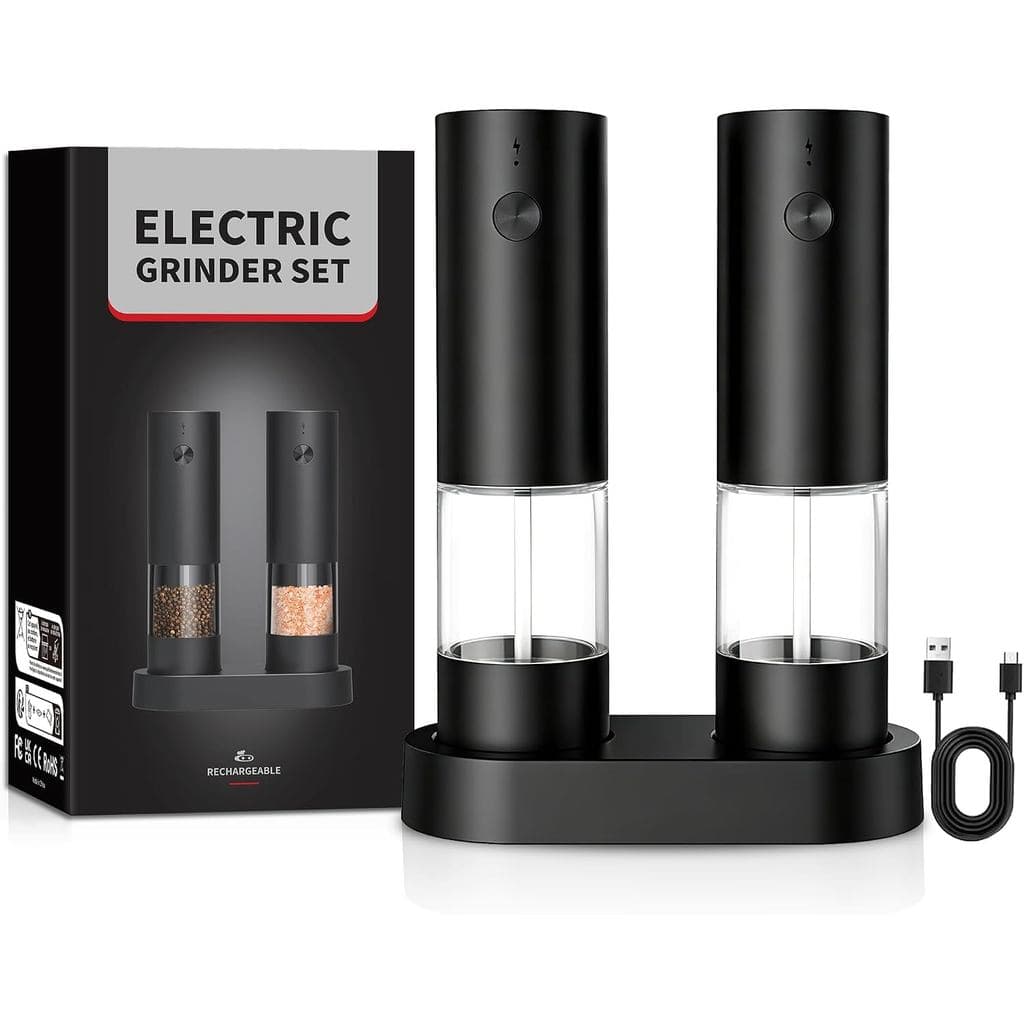 Kit 2 Moedores Elétrico de Sal Grosso e Pimenta do Reino com Suporte Triturador de Tempero