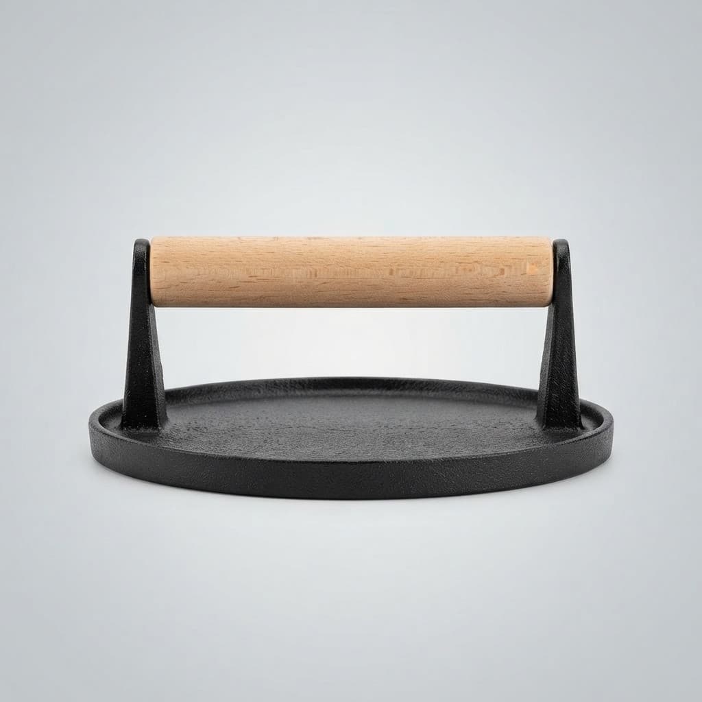 Prensa Smash Burger Ferro Fundido 17cm Prensador Hambúrguer Profissional Chapeiro Chapa Churrasco Cozinha Cabo Madeira