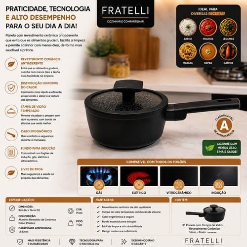 Panela Ceramica Alta Durabilidade Tampa Vidro Antiaderente Cozinha 16cm Preta