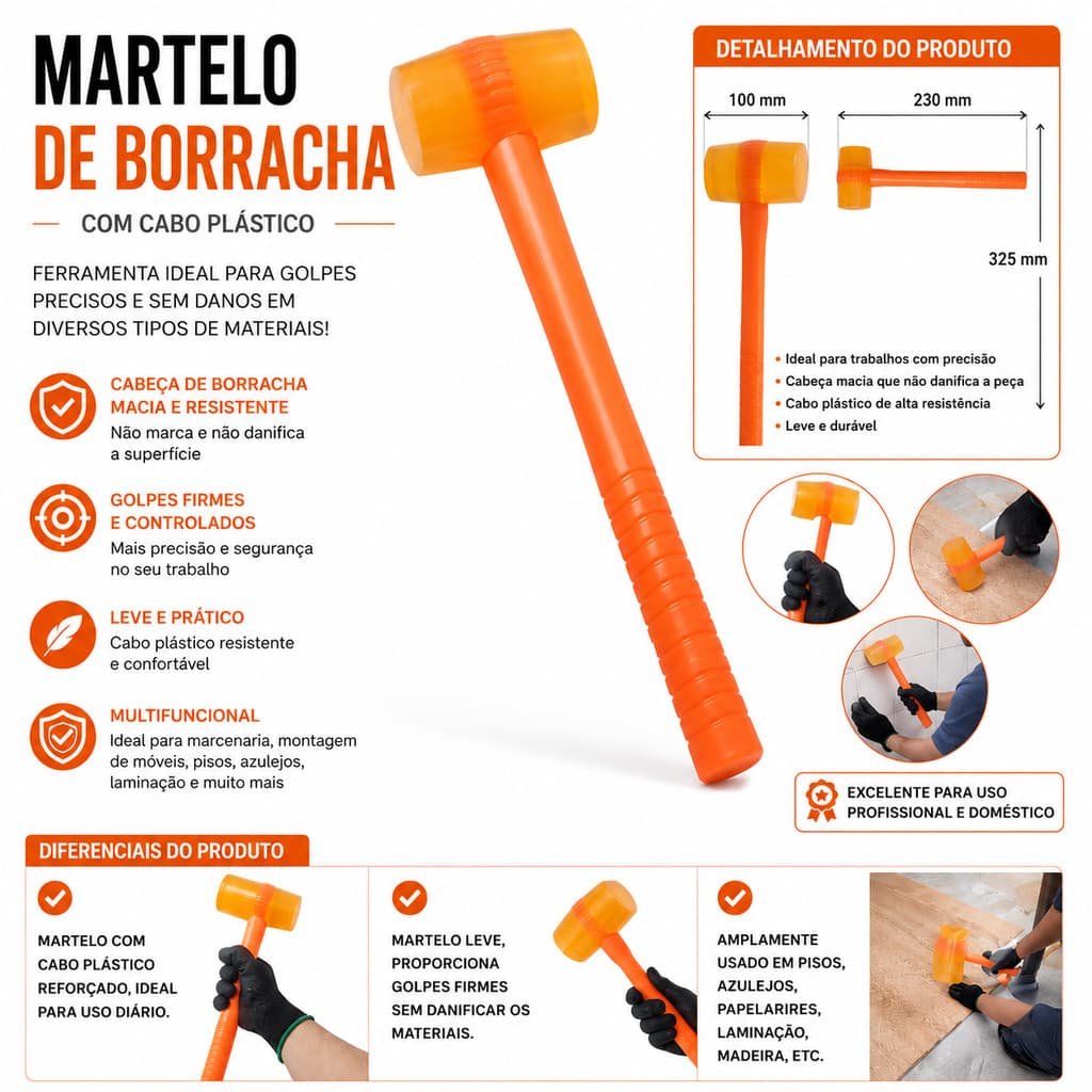 Marreta Martelo De Borracha Silicone Laranja Pisos Azulejos