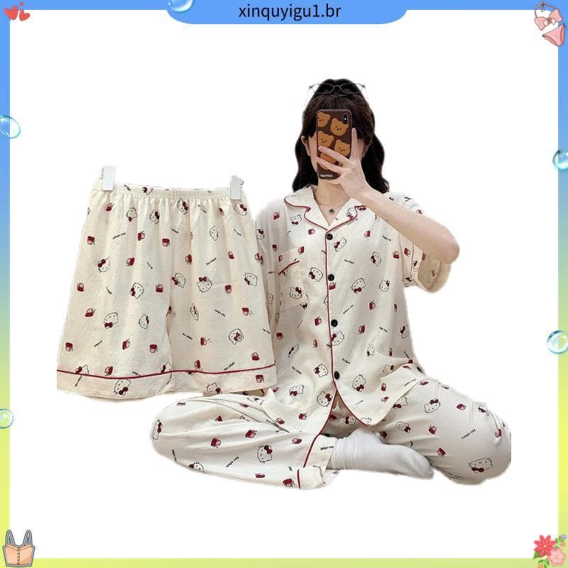 Tamanho grande pijamas de três peças Cardigan feminino de manga curta calças curtas soltas mais gordura 100kg gordura MM