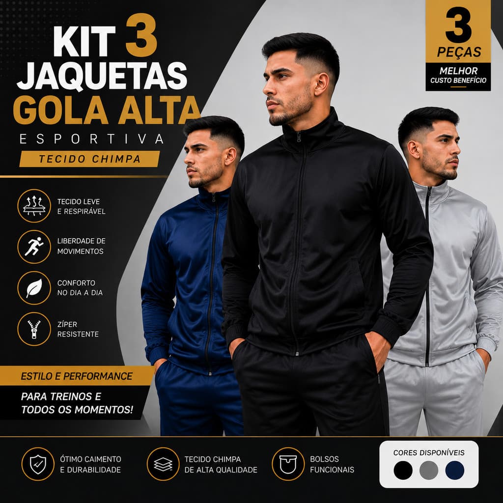Kit 3 Blusas Jaquetas Gola Alta Esportiva Masculina – Tecido Chimpa | Conforto e Estilo para o Dia a Dia