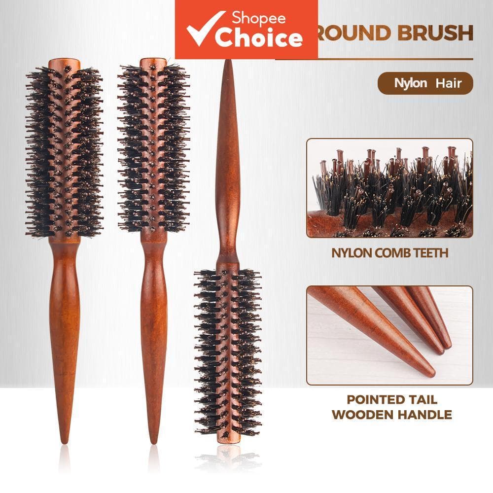 Conjunto De Escova De Cabelo Redonda Com Cabo De Madeira , Pente De Ondulação De 3 Tamanhos Para Secar E Modelar Todos O