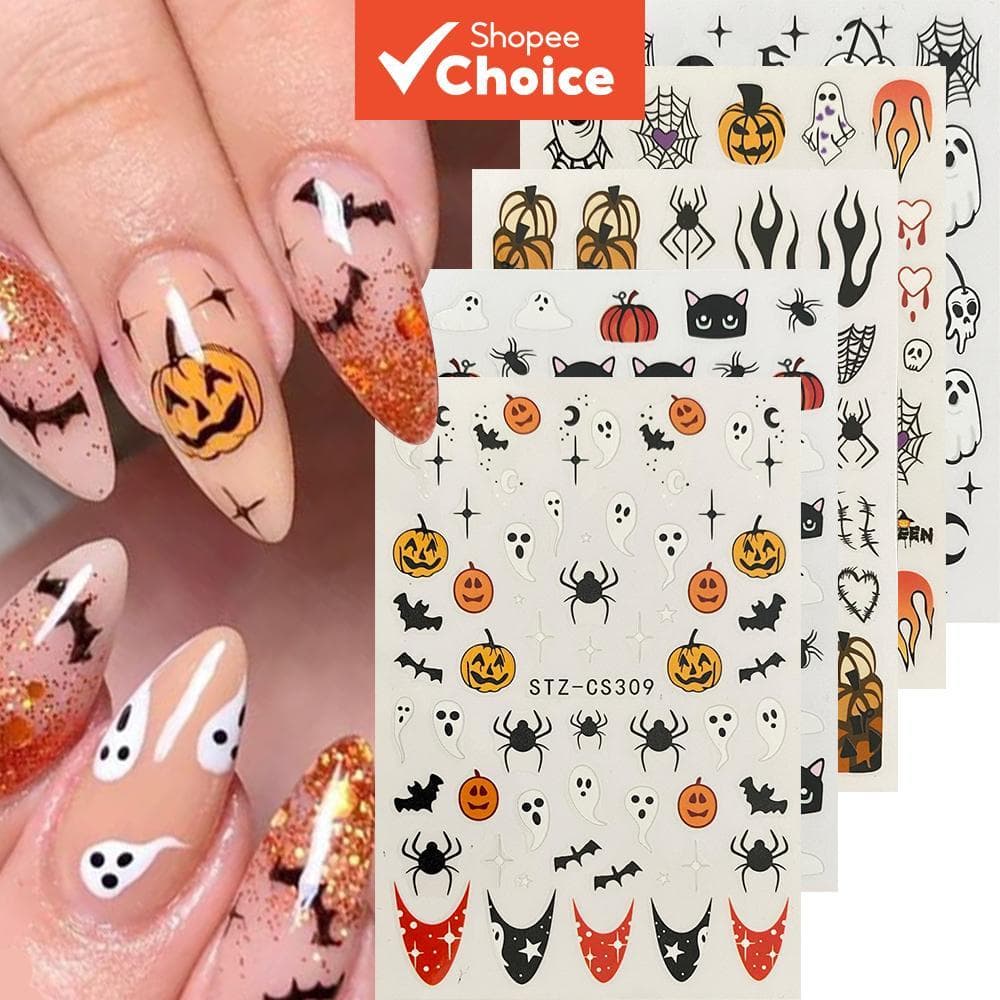 Adesivos 3D de Halloween estilo gótico para unhas – abóboras, gatos pretos, fantasmas, aranhas; decalques para unhas