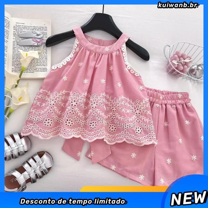 Urso Líder Versão Coreana Flor Bordado Ne ck Pendurado Cesta Shorts Conjunto De Duas Peças Doce Arco Renda Menina