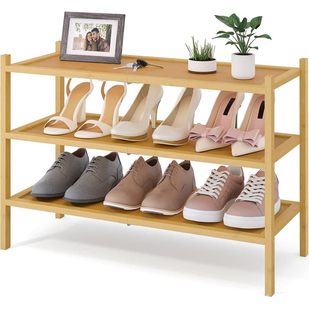 Estante para Sapatos Smiry em Bambu, Organizador de Sapatos de 3 Níveis para Entrada e Armário, Prateleira de Armazename