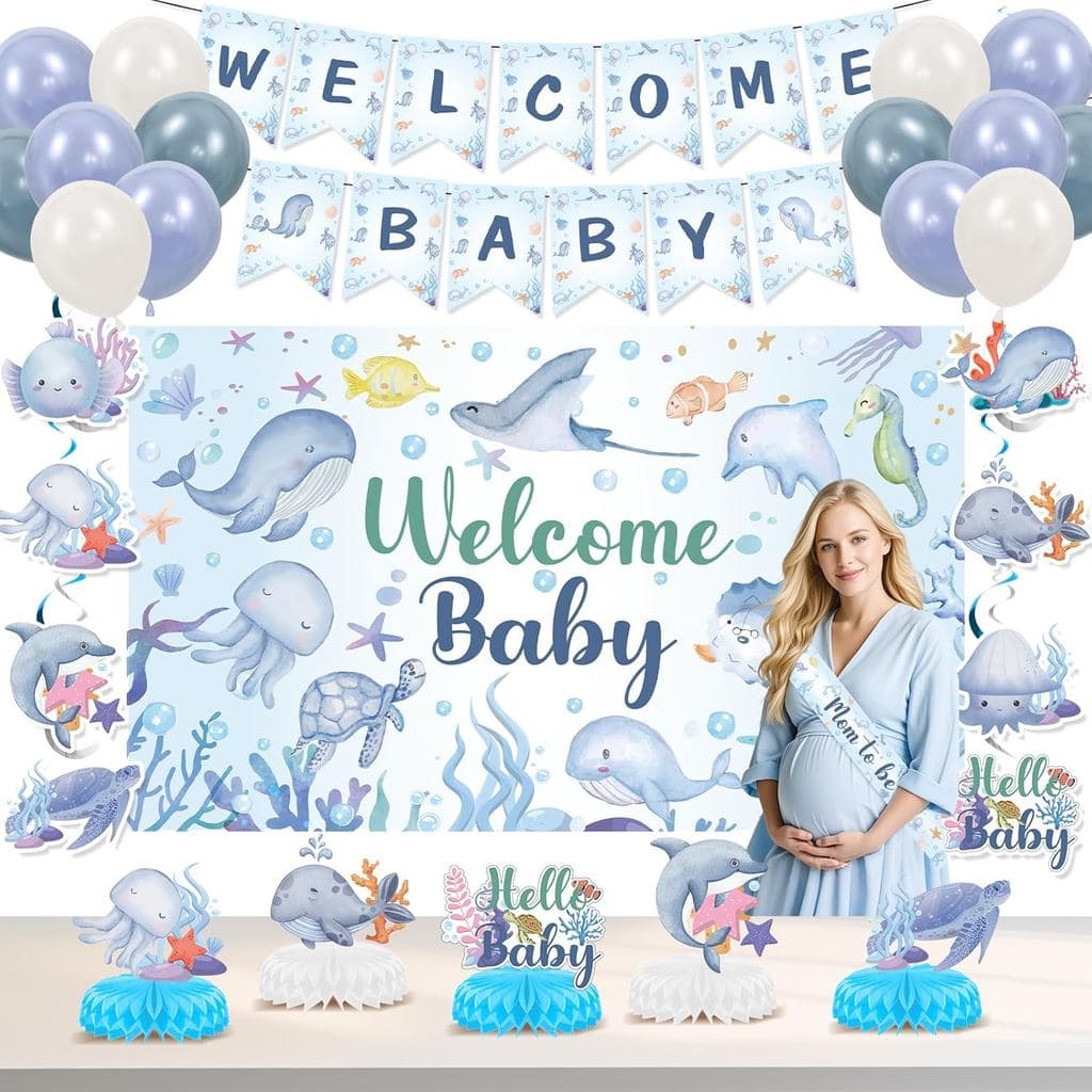 31 peças de Decorações para Chá de Bebê com Tema do Fundo do Mar: Faixa de Animais Marinhos, Painel de Fundo, Balões, De